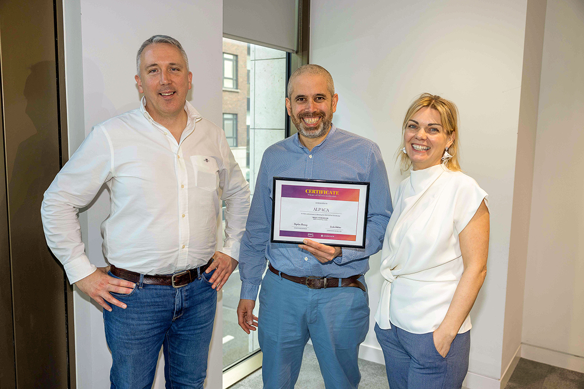 Pictured at the 2024 EdTech Accelerator Pitch Day in Amazon Web Services (AWS) in Dublin were judges Rory Barrins, AWS, and Nessa McEniff, Learnovate, and winner Joe Fernandez, founder of ALPACA.